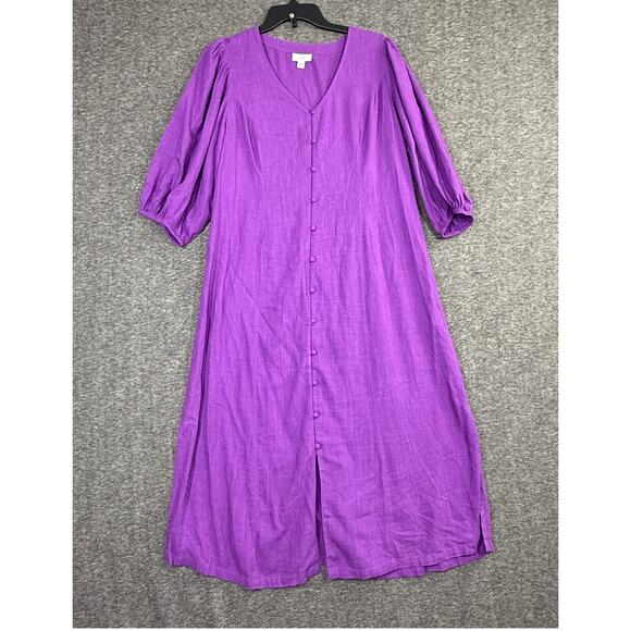J.Jill Purple Seamed Linen Blend Puff Sleeve Midi Dress Caftan Medium Lagenlook - Picture 2 of 7